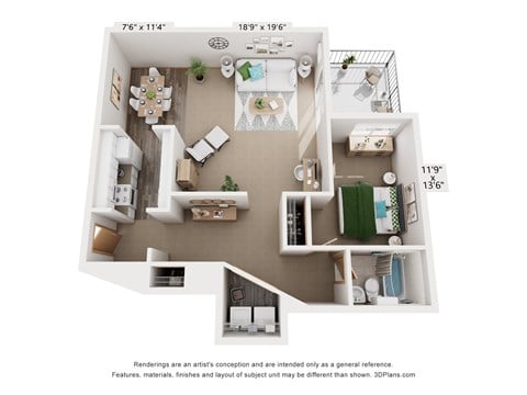 Floor plan for 1 bed, 1 bath, 964 sqft